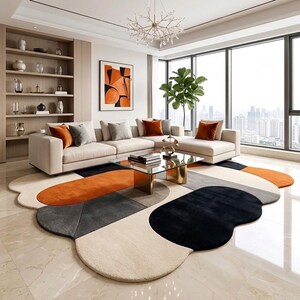 Aura Abstract Irregular Hand Tufted Wool Rug 8x10 Mid Century Modern Color Block Area Rug Terracotta Orange & Cream Wavy Carpet