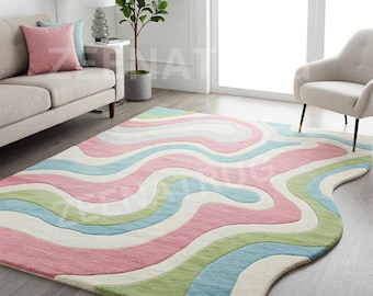 Alfombra de lana tejida a mano con diseño de remolinos en tonos pastel, alfombra abstracta ondulada moderna danesa para sala de estar, decoración suave y estética para dormitorio.