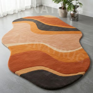 Terra Wave Hand-Tufted Wool Rug, Earth Tone Irregular Shape 6x8 Handmade Custom Area Rug for funky home decor.