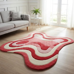 Rosewater Abstract Hand-Tufted Wool Area Rug - Irregular Pink & Red Modern Design For Living Room, Funky Home Decor
