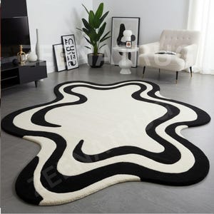 Bold Black and White Blob Rug - Hand-Tufted Abstract Area Rug for Modern & Minimalist Interiors 8x10 for home decor