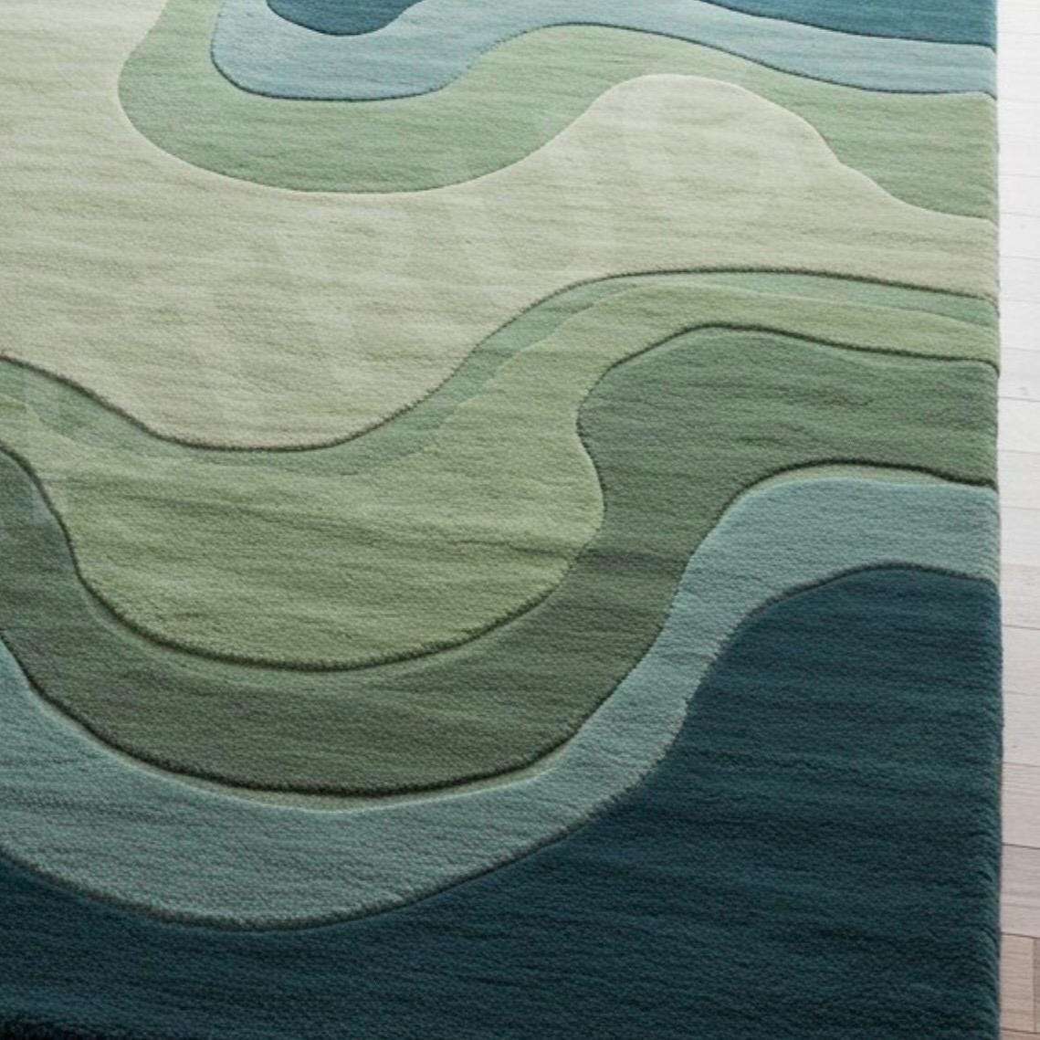 Hand-tufted Wool Abstract Area Rug - Modern Wavy Blue & Green ...