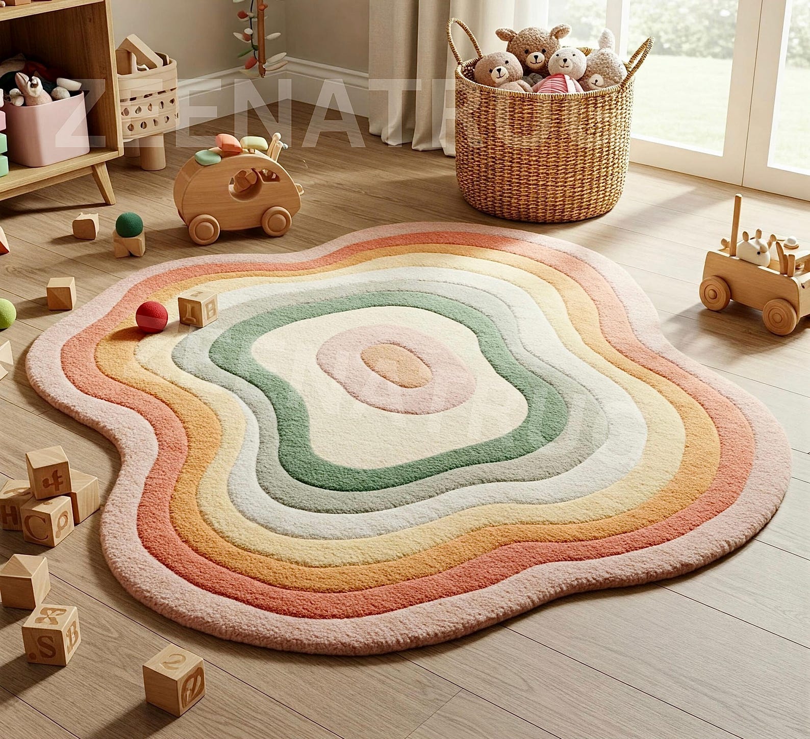 Rainbow Bloom Wool Rug Hand Tufted Pastel Dreamscape Irregular Shape ...