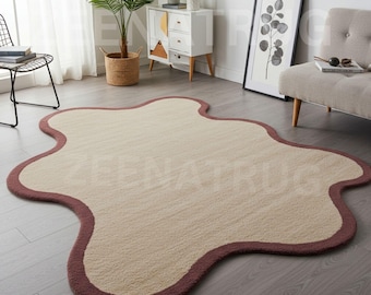 Hand Tufted Wool Rug Irregular Blob Area Rug Cream Beige with Burgundy Border | Modern Organic Wavy Shape 5x8 for Living Room Bedroom Décor