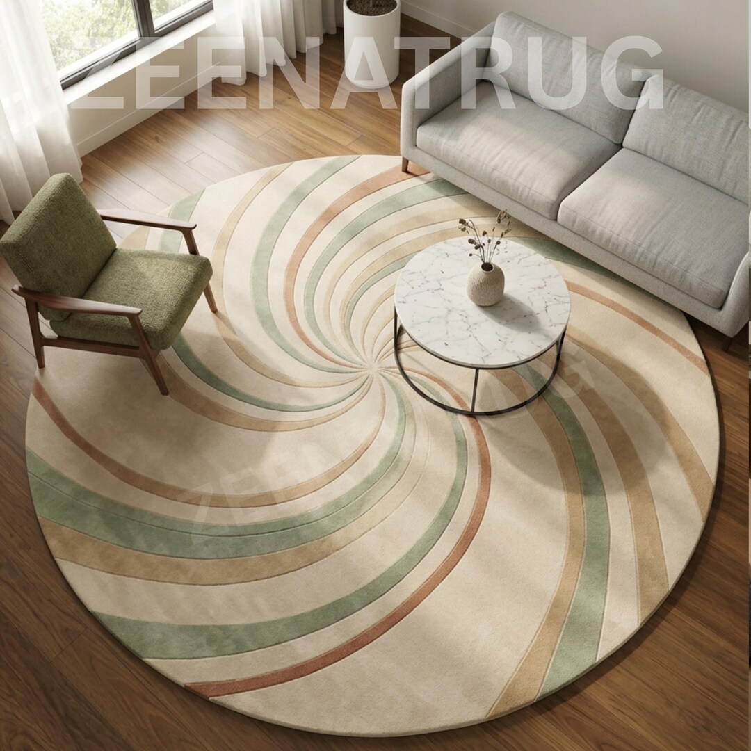 Hand Tufted Wool Rug: Spiral Swirl Circle, Green, 8x8 Funky Home Decor ...