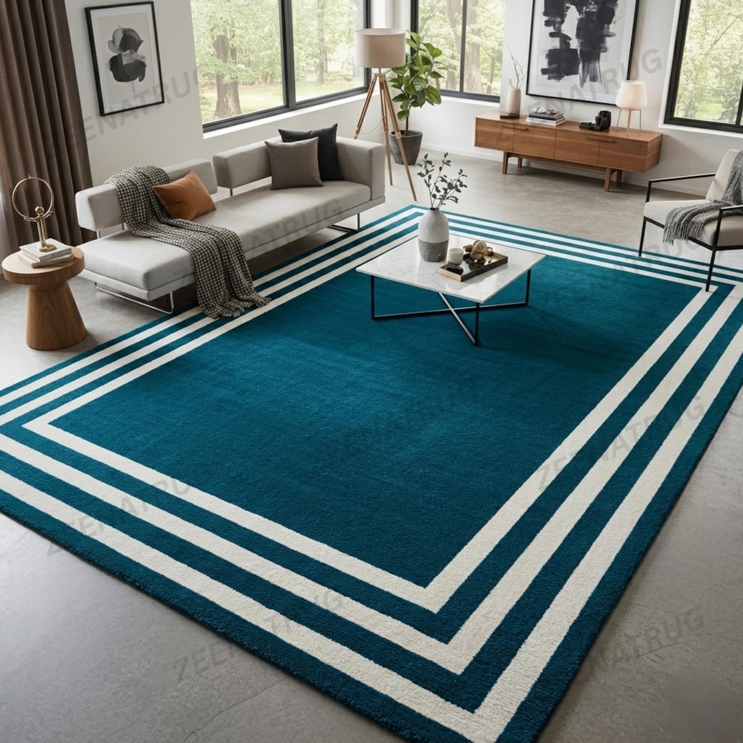 Hand Tufted Teal Blue Wool Rug: Modern Bordered Living Room Carpet - Etsy