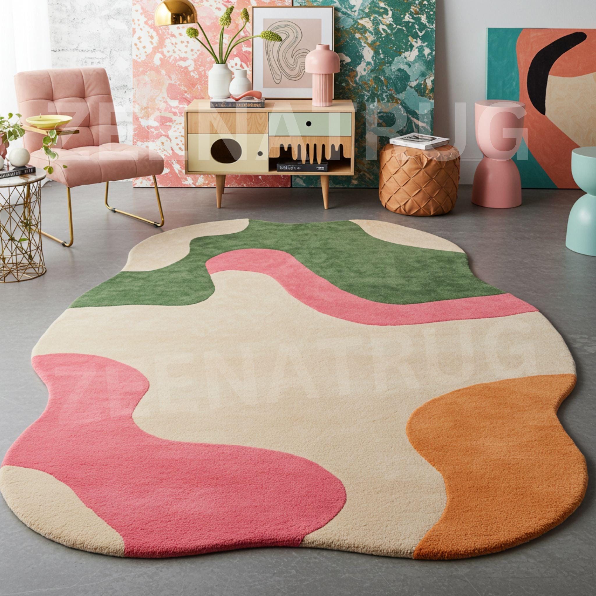 Boho Swirl Hand-tufted Wool Rug Irregular Shape Pink, Green