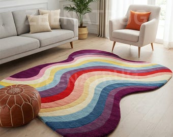 Alfombra de lana tejida a mano con vibrante borde ondulado - Alfombra colorida con borde festoneado - Alfombra moderna y original para sala de estar, decoración estética y luminosa para dormitorio