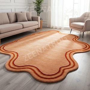 The Terracotta Flow Hand-Tufted Wool Organic Shape Rug Orange color 8x10  Handmade irregular shaped rug for living room, home decor rugs