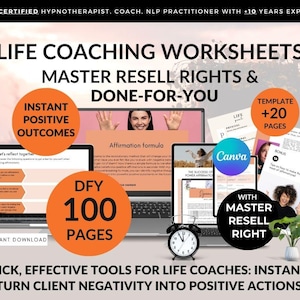 Può includere: Immagine promozionale per risorse di life coaching. L'immagine presenta laptop, documenti e un orologio, con testo come "Life Coaching Worksheets" e "Master Resell Rights". Il design incorpora cerchi arancioni con testo come "Instant Positive Outcomes" e "DFY 100 Pages".