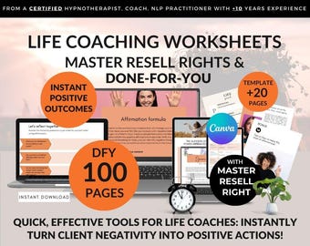 May include: Promotional image for life coaching resources. The image features laptops, documents, and a clock, with text including "Life Coaching Worksheets" and "Master Resell Rights." The design incorporates orange circles with text like "Instant Positive Outcomes" and "DFY 100 Pages."