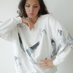 White Sweatshirt SEAGULLS with Watercolor Print | Relaxed Fit