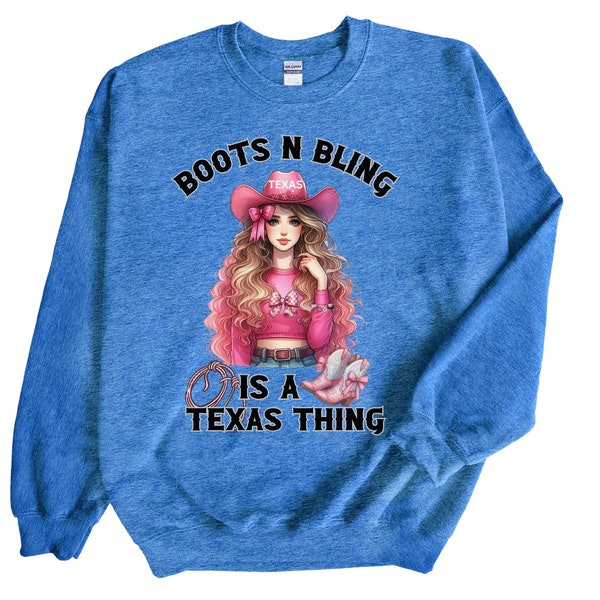 Texas Cowgirl Sweatshirt, Retro Cowgirl boots and Bling Sweatshirt, Vintage Texas Coquette Style Sweater, Pink Boots n Bows Texas Sweatshirt