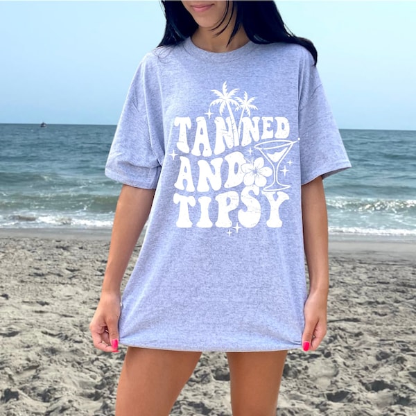 Womens Beach T shirt, Tanned and Tipsy Beach shirt, Retro Beach tshirt, Oversized summer tee, Preppy Clothes,Vsco Shirt,Trendy Beach Clothes