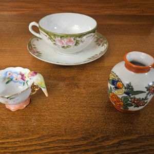 Vintage Lot of Hand Painted Japanese China.  Nippon Tea Cup & Saucer.  Mini Vase.  Mini Tea Cup with Pattot