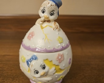 Vintage Ceramic Easter Egg Trinket Box: Emerging Chicks Decor