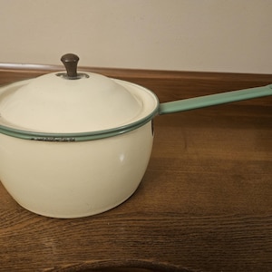 May include: Cream-colored enamel saucepan with a lid and a long, light green handle. The rim and handle are trimmed in light green. The lid has a dark brown knob. The saucepan is on a wooden surface.
