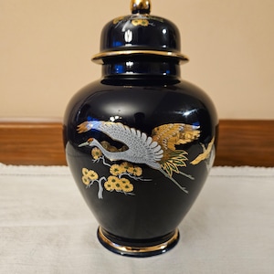 Vintage Cobalt Blue Porcelain Ginger Jar with Gold Trim and Beautiful Crane Design.  No Chips or Cracks.