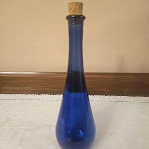 Vintage Cobalt Blue Bottle or Vase. 9-3/4&quot; to Top of Glass. Tear Drop Shape with Cork.