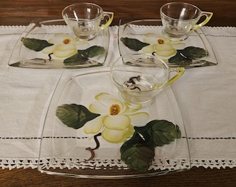 Vintage Hazel Atlas Snack Set: Hand Painted Glass Tray & Cup