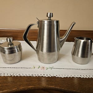 Vintage Regal Stainless Steel Coffee Pot Creamer and Sugar with Spoon Set.  18-8 Stainless Steel.