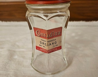 Vintage Contadina Oregano Spice in Hazel Atlas Hexagon Hourglass Storage Container Jar