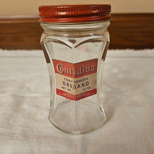 Vintage Contadina Oregano Spice in Hazel Atlas Hexagon Hourglass Storage Container Jar