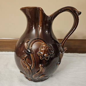 Vintage Haeger Floral Brown Glazed Pitcher.