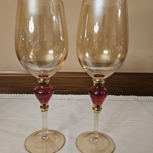 Vintage Pier 1 Amber Luster Wine Goblets: Red & Gold Accent, Set of 2