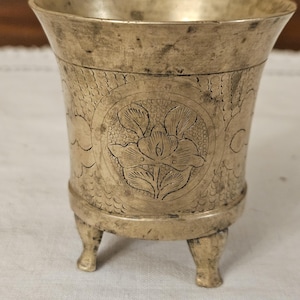 Vintage Chinese Brass Incense Burner with Lilies Etched in Side.