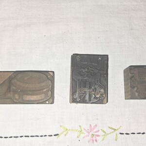 Vintage Set of 3 Letterpress Printing Blocks Depicting Different Industrial Items.  Wood Mounted.