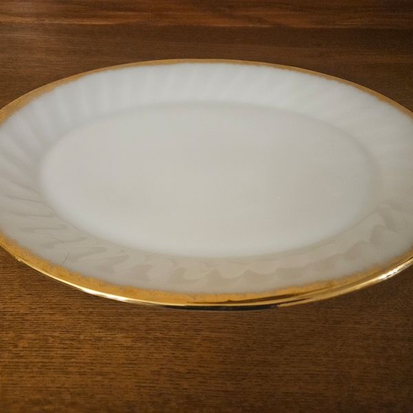 Vintage Fire King Oven Ware White Milk Glass 12" Serving Platter with Gold Trim