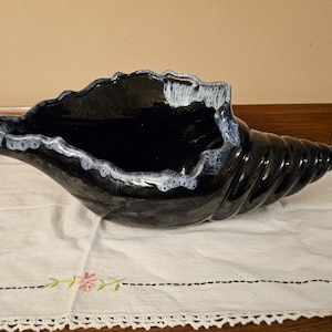 May include: A large black ceramic seashell planter with white glaze accents. The planter is shaped like a conch shell and has a wide opening at the top.
