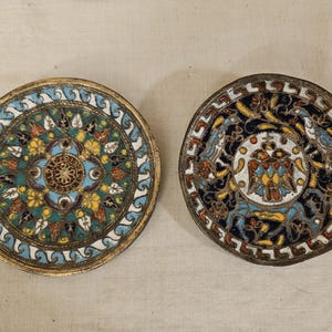 Vintage Pair of Russian Cloisonne Brass Hand Painted Plates. One with a Two Headed Eagle One with Flowers and Leaves.