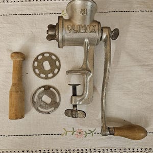Vintage Climax 51 Table Clamp Meat Grinder with 3 Blades and Masher.