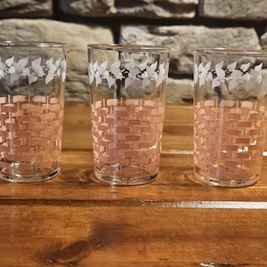 Vintage Set of 3 Federal Pink Basket Weave Juice Glasses.  3-1/2&quot; tall.