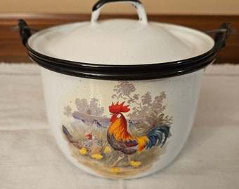 Vintage Small Enamel Bucket with Lid and Rooster Image