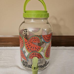 Vintage Glass Watermelon Sun Tea Jar with Spout on Side and Top. Beverage Dispenser.