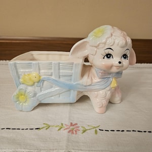 Vintage Baby Lamb with Cart Planter. Pink and Baby Blue.