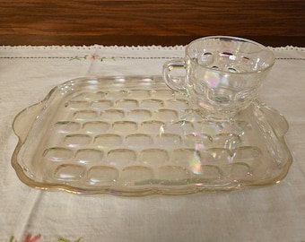 Vintage Federal Glass Iridescent Thumb Print Snack Trays and Tea Cups set of 3