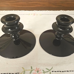 Vintage Art Deco Style Black Amethyst Candlesticks.  From the 1920&#39;s or 1930&#39;s. Black Amethyst Glass.