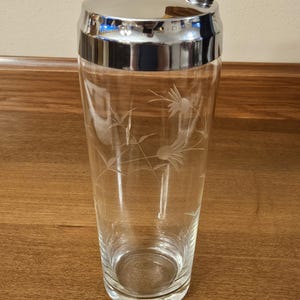 Vintage Glass Cocktail Shaker. Floral Etched Glass with Chrome Lid.