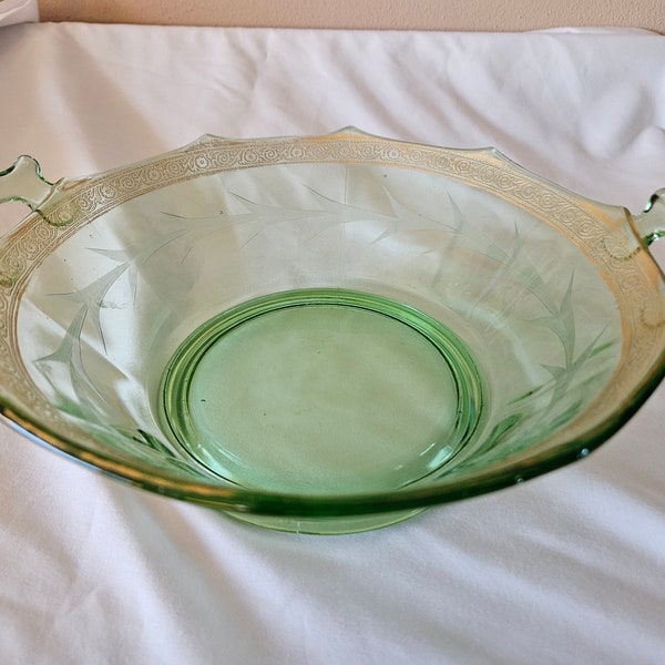 Vintage Green 2 Handle Depression Glass with Etching all around and Gold Trim