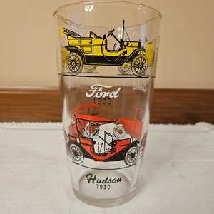 Vintage Hazel Atlas Classic Car Tumbler Old Timers Pattern - 1908 Ford, 1910 Hudson, 1910 Buick, 1915 Studebaker, 1914 Stutz, 1913 Chevrolet