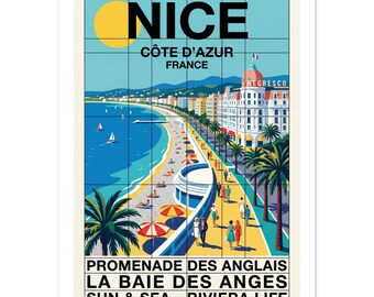 Poster vintage della Bella Promenade des Anglais / Stampa artistica di viaggio della Costa Azzurra