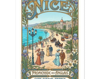 Promenade des Anglais Nizza Poster vintage / Costa Azzurra Seaside Art (Riproduzione)