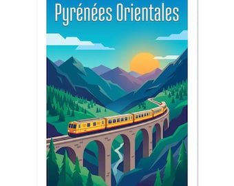 Pyrénées Orientales Vintage Poster | French Mountain Train Art | Retro Travel Print | Mid-Century Modern Decor