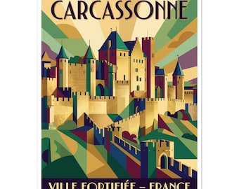 Stampa vintage di Carcassonne Francia – Poster di viaggio Giclée, Vivid Boho Art