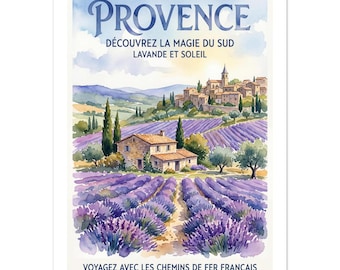 Poster digitale vintage "Campi di lavanda della Provenza" / Arte della campagna francese