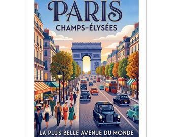 Champs-Élysées Paris Print, 1960s Travel Poster Style, French Apartment Wall Art, Anniversary Gift for Francophiles